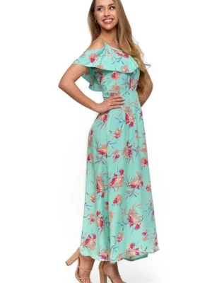 Długa sukienka damska typu hiszpanka - zielona w kwiaty Moraj
