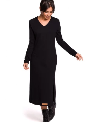 Długa sukienka dresowa z kapturem i dekoltem V bawełniana czarny Be Active