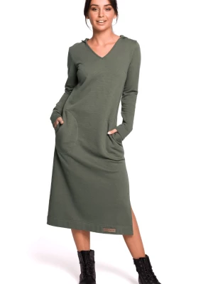 Długa sukienka dresowa z kapturem i dekoltem V bawełniana zielona Be Active