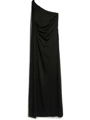 Długa Sukienka Jedno-Ramienna w Czarnym Satynie Max Mara