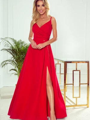 Długa sukienka na wesele rozkloszowana na ramiączkach czerwona Numoco