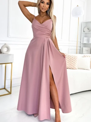 Długa sukienka na wesele rozkloszowana na ramiączkach pudrowy róż Sukienki.shop