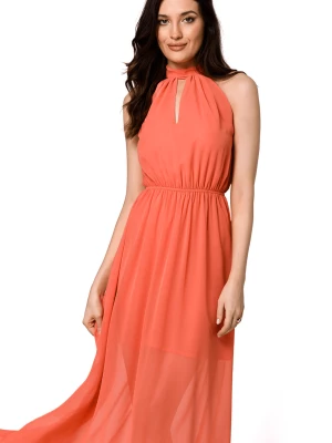 Długa sukienka szyfonowa wieczorowa z dekoltem halter pomarańczowa Makover