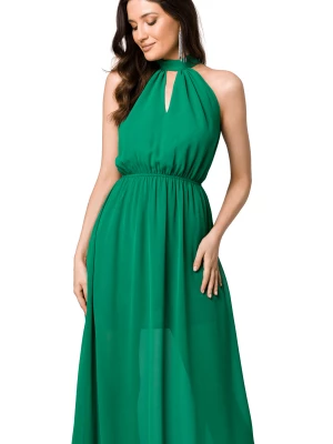 Długa sukienka szyfonowa wieczorowa z dekoltem halter zielona Makover