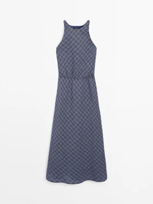 Długa Sukienka W Kratkę Z Ozdobnymi Plecami - Niebieski Atramentowy - - Massimo Dutti - Kobieta
