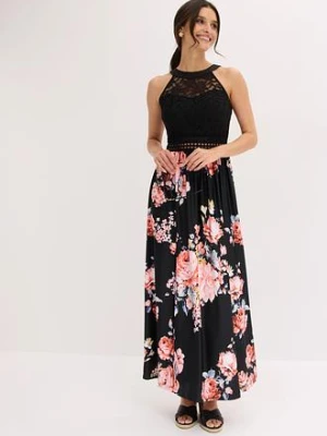 Długa sukienka w kwiaty z koronką bonprix