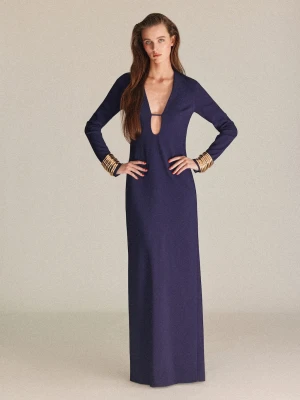 Długa sukienka z dekoltem w szpic ciemnoniebieski - Kobieta - - MANGO