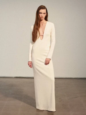 Długa sukienka z dekoltem w szpic kremowy / écru - Kobieta - - MANGO