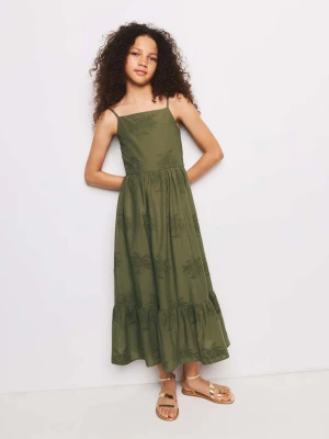 Długa sukienka z haftowanymi palmami khaki - Dzieci - lata - MANGO KIDS
