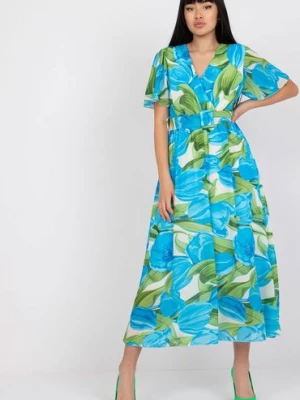 Długa sukienka z krótkim rękawem - niebieska Italy Moda
