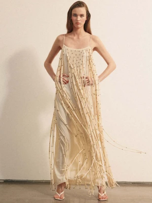 Długa sukienka z kulkami i frędzlami złamana biel - Kobieta - - MANGO