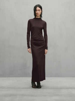 Długa Sukienka Z Marszczeniem I Długim Rękawem − Studio - Brązowy - - Massimo Dutti - Kobieta