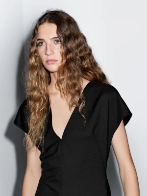 Długa Sukienka Z Mieszanki Wełny Z Dekoltem W Serek - Czarny - - Massimo Dutti - Kobieta