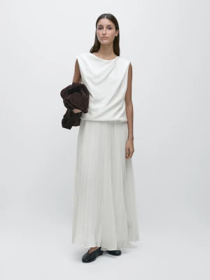 Długa Sukienka Z Plisowanym Detalem - Biały Złamany - - Massimo Dutti - Kobieta