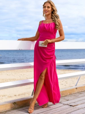 Długa sukienka z rozcięciem Rosand - różowy neon - różowy neon Pakuten