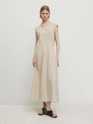 Długa Sukienka Ze 100% Lnu Ze Stębnowaniem - Beżowy - - Massimo Dutti - Kobieta