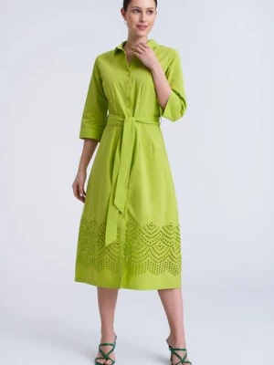 Długa sukienka damska - szmizjerka z ażurowym dołem - zielona Greenpoint