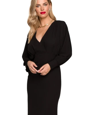 Długa wieczorowa sukienka rybka z bufiastymi rękawami śliwkowa Makover