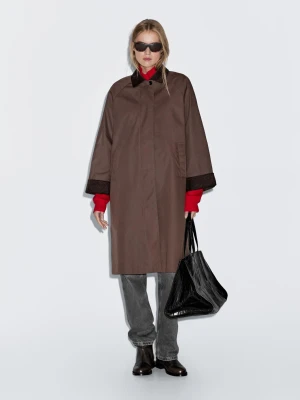 Długa Woskowana Parka Ze Sztruksowym Zdobieniem - Brązowy - - Massimo Dutti - Kobieta