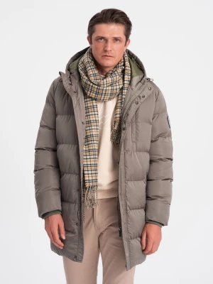 Zdjęcie produktu Długa zimowa kurtka męska pikowana o satynowym wykończeniu - khaki V1 OM-JALJ-0147
 -                                    XL