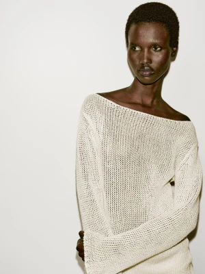 Długi Ażurowy Sweter − Limited Edition - Beżowy - - Massimo Dutti - Kobieta