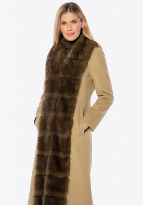 Długi damski płaszcz z wełny i sztucznego futra brązowy Wittchen
