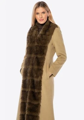 Długi damski płaszcz z wełny i sztucznego futra brązowy Wittchen
