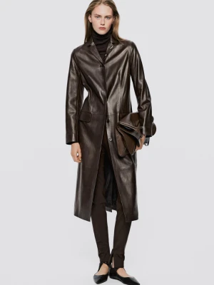 Długi Dopasowany Płaszcz Ze Skóry − Limited Edition - Brązowy - Massimo Dutti - Female