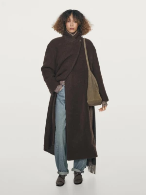 Długi Dwurzędowy Płaszcz Z Efektem Szczotkowania - Czekoladowy - - Massimo Dutti - Kobieta
