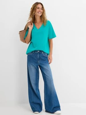 Długi i szeroki T-shirt z dekoltem w serek, krótki rękaw (5 sztuk) bonprix