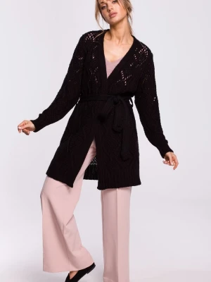 Długi kardigan ażurowy sweter damski z paskiem ecru Moe