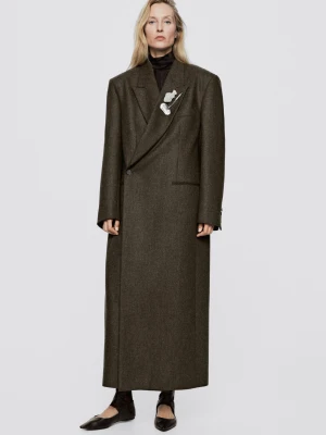 Długi Płaszcz Dwurzędowy Oversize − Limited Edition - Oliwkowy - Massimo Dutti - Female