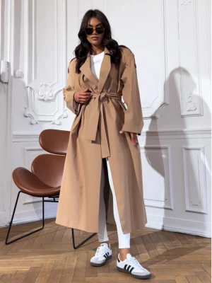 Długi płaszcz trencz z paskiem MAHRA - beżowy  magmac 