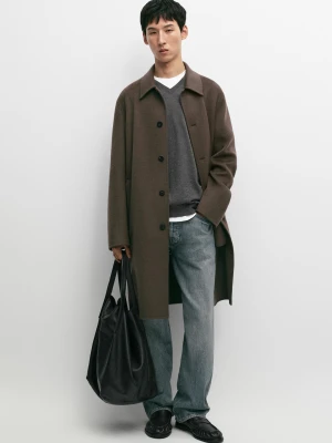 Długi Płaszcz Z Mieszanki Wełny - Ciemny Khaki - Massimo Dutti - Male