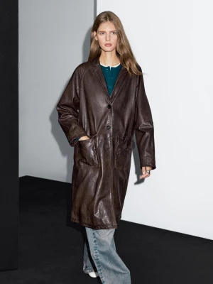 Długi Płaszcz Ze Skóry Nappa - Brązowy - - Massimo Dutti - Kobieta