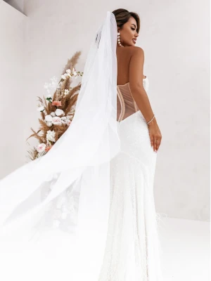 Długi ślubny tiulowy welon BELLE - biały  magmac 