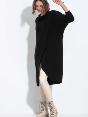 Długi sweter dzianinowy z rozcięciem - czarny Fobya