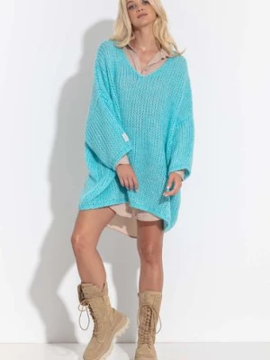 Długi sweter-tunika damska oversize Fobya- niebieski