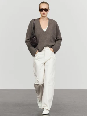 Długi Sweter Z Detalami Przy Dekolcie - Szary Mysi - Massimo Dutti - Female