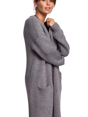 Długi sweter z kieszeniami ciepły kardigan o prostym fasonie szary Polskie swetry