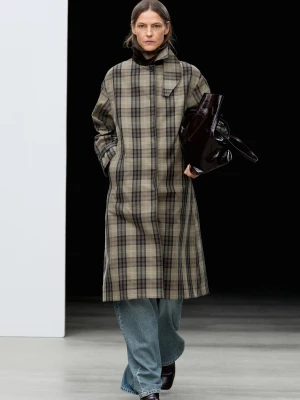 Długi Trencz W Kratę Z Domieszką Bawełny - Proch - Massimo Dutti - Female