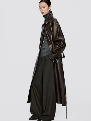 Długi Trencz Z Paskiem Ze Skóry Nappa – Limited Edition - Czekoladowy - Massimo Dutti - Female