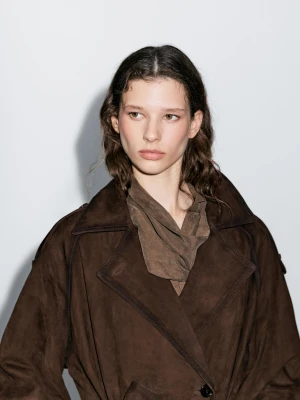 Długi Trencz Ze Skóry Zamszowej - Brązowy - - Massimo Dutti - Kobieta