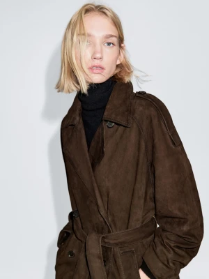 Długi Trencz Ze Skórzanego Zamszu - Brązowy - - Massimo Dutti - Kobieta