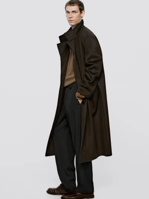 Długi Wełniany Płaszcz Z Kieszeniami - Limited Edition - Brązowy - Massimo Dutti - Male