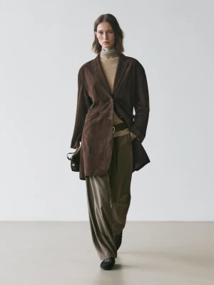 Długi Zamszowy Płaszcz Skórzany - Brązowy - - Massimo Dutti - Kobieta