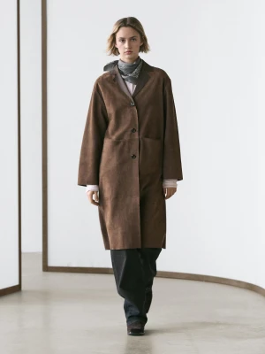 Długi Zamszowy Płaszcz Skórzany - Brązowy - - Massimo Dutti - Kobieta