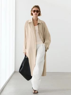 Długi, Zwiewny Trencz - Beżowy - Massimo Dutti - Female