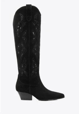 Długie damskie kowbojki ze skóry zamszowej z haftem czarne Wittchen