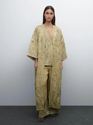 Długie Kimono Z Haftem - Oliwkowy - - Massimo Dutti - Kobieta